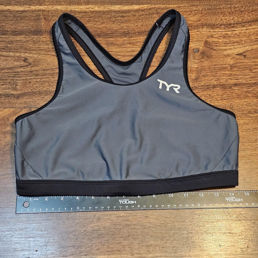 TYR Racerback Swimsuit Top Bra Gray Black with Logo Stretchy Spande Size XL - Picture 4 of 6